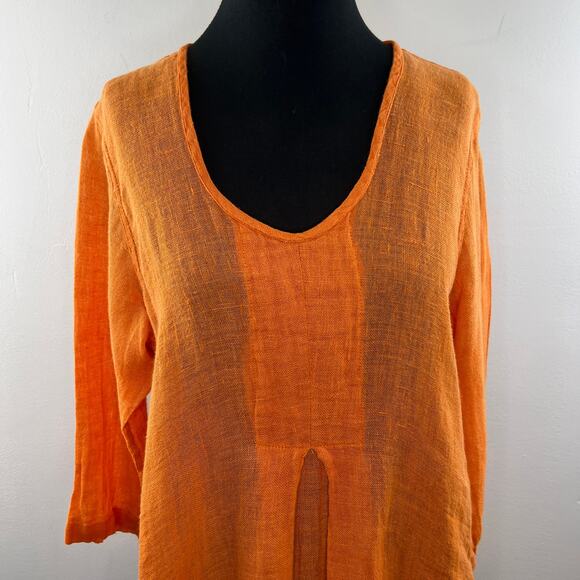 FLAX Orange Tunic Top Linen Scoop Neck Inverted Pleat 3/4 Sleeve Size S Small - Picture 3 of 10